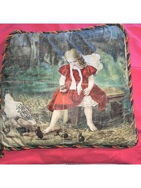 VINTAGE pillow. Girl with chickens. Unique. Square shape 19 x 19